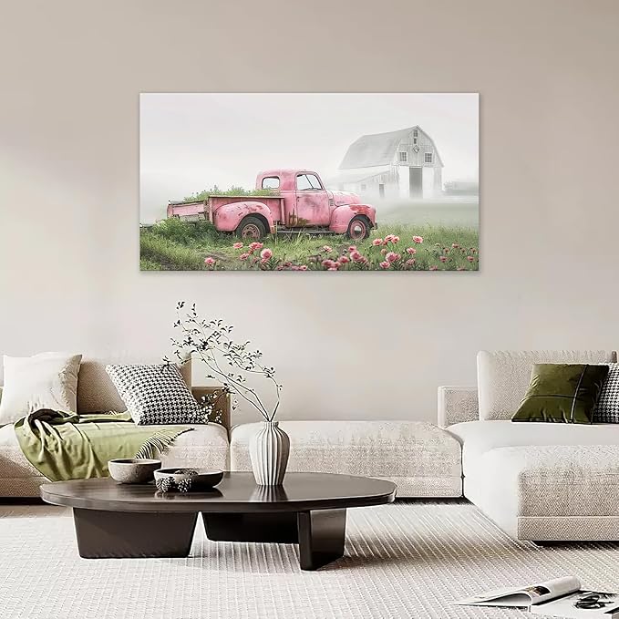 Large Rustic Farmhouse Pink Truck Wall Art for Living Room Country Barn Art Big Space Size Bedroom Office Framed Canvas Prints Pictures Painting Artwork Office Bedroom Home Decor 60"x30"