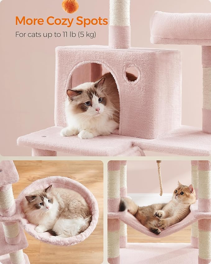 Feandrea Cat Tree, 66.1-Inch Large Cat Tower with 13 Scratching Posts, 2 Perches, 2 Caves, Basket, Hammock, Pompoms, Multi-Level Plush Cat Condo for Indoor Cats, Jelly Pink UPCT165P01