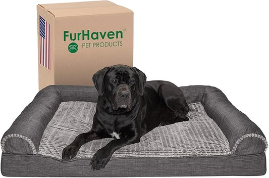 Furhaven Cooling Gel Dog Bed for Large Dogs w/ Removable Bolsters & Washable Cover, For Dogs Up to 125 lbs - Luxe Faux Fur & Performance Linen Sofa - Charcoal, Jumbo Plus/XXL