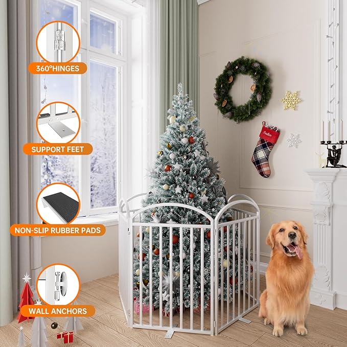 6 Panles Full Matel Freestanding Dog Gates with Door, 144"Extra Wide 32"Tall Free Standing Dog Pet Gate for Indoor & Outdoor. Foldable Pet Fences for Doorways, House, Stairs, Porch, Deck, Yard