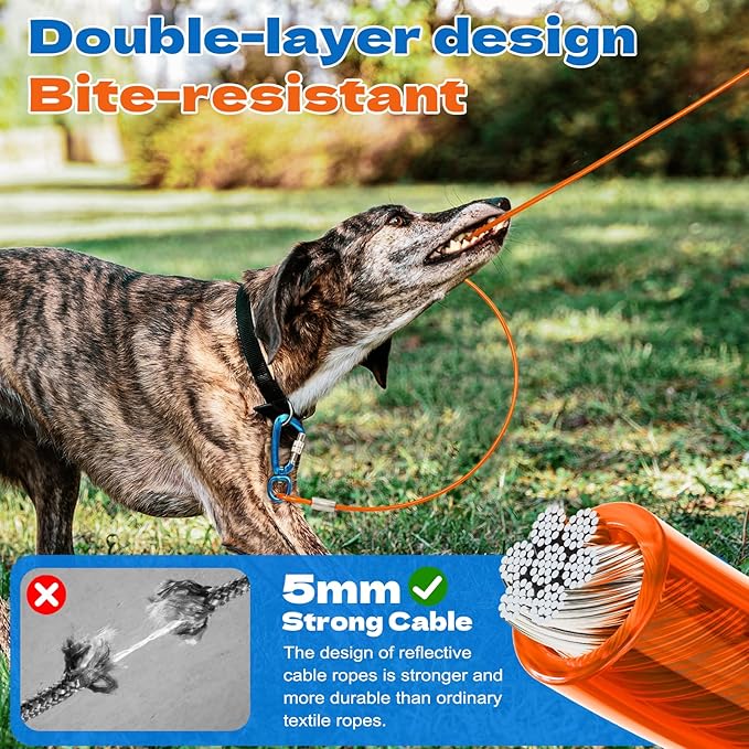 50ft Dog Runner for Yard Large Dog Heavy Duty with Double Shock Absorbers Tangle-Free Aerial Trolley System for Large Dogs Up to 250lbs (Silver)