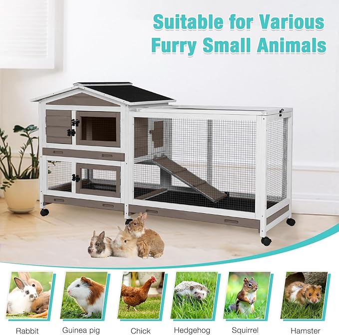 62" Rabbit Hutch with Chew-Proof Ramp & Waterproof Roof - Indoor/Outdoor Bunny Cage, 2-Story Design, 6 Lockable Caster Wheels & Dual Pull-Out Trays (Brown)