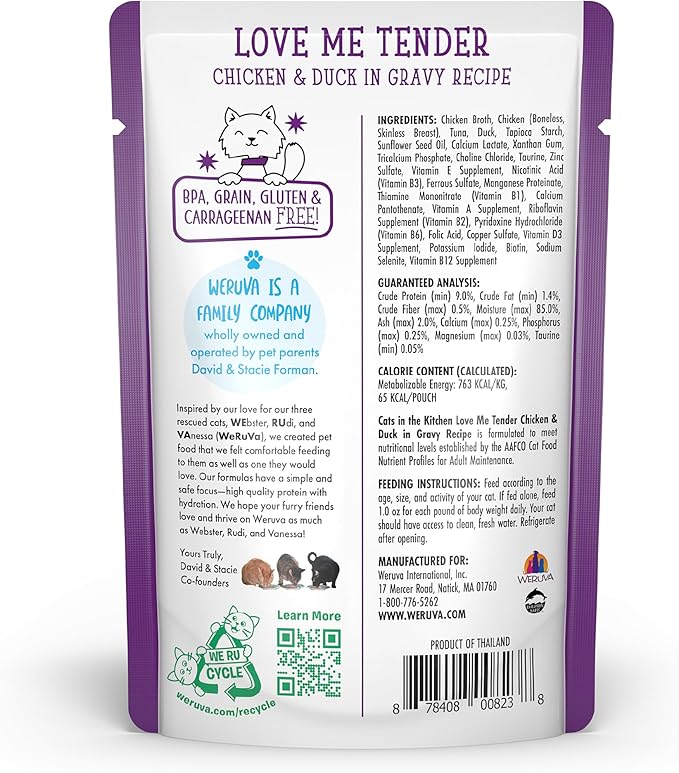 Weruva Cats in The Kitchen, Love Me Tender with Chicken & Duck in Gravy Cat Food, 3oz Pouch (Pack of 12)