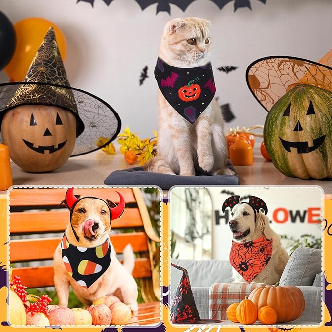 Abbylike 200 Pcs Halloween Dog Bandanas Bulk Pumpkin Bandanas for Dogs Pets Triangle Kerchief Bibs Scarf for Halloween Costume Photo Props Accessories Pet Shops Adoption Events Groomers, 25 Styles