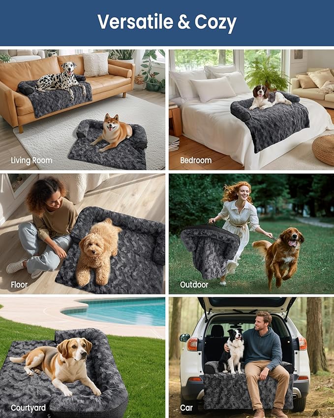 Calming Large Dog Bed for Couch, 41 x 37 inch Removable Couch Cover for Dogs Washable, Non-Slip Fluffy Plush Dog Sofa Mat for Furniture Protector - Dark Grey