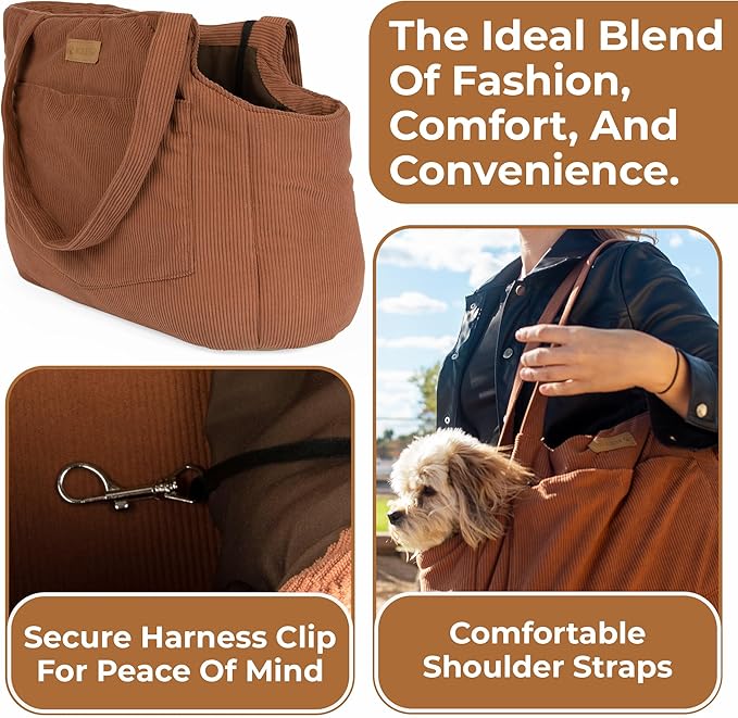 Corduroy Dog Carrier - Lightweight Cotton Soft-Sided Pet Tote with Safety Harness Clip - Breathable Travel Carrier for Small Dogs and Puppies (Brown)
