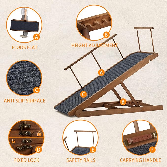 Dog Ramp for Bed Couch - Pet Steps Stairs to Get on Bed Couch 15.7"-23.6" High for Small or Large Dog Up to 200 lbs, Adjustable Wooden Dog Ramp Steps Foldable Portable, Anti-Slip Carpet (Black)