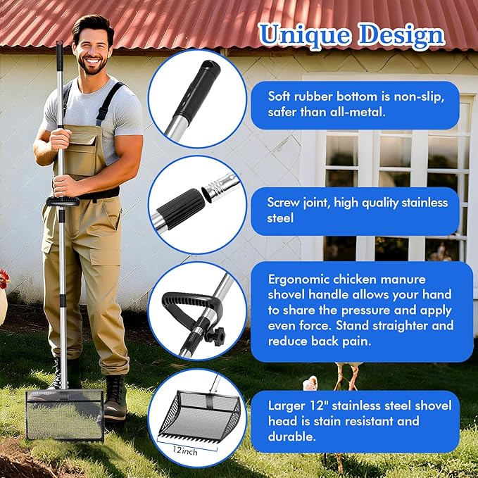 12 Inch Chicken Poop Scooper & Rake 2-in-1, Large Metal Shovel Head, Rubber Handle Stainless Steel Chicken Litter Scoop for Chicken Coops, Litter Screening Scoop (35 to 65in) US Patent Pending (Black)