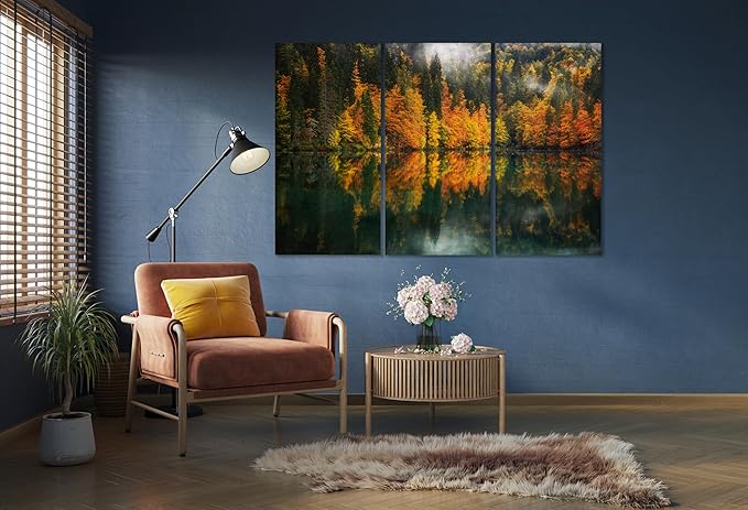 Nature Wall Art Prints - Ocean Forest Mountain Lake Canvas Landscapes - Small to Extra Large Living Room Bedroom Kitchen Bathroom Décor (Autumn by the Lake, 47L" x 71W" - 3 panels)