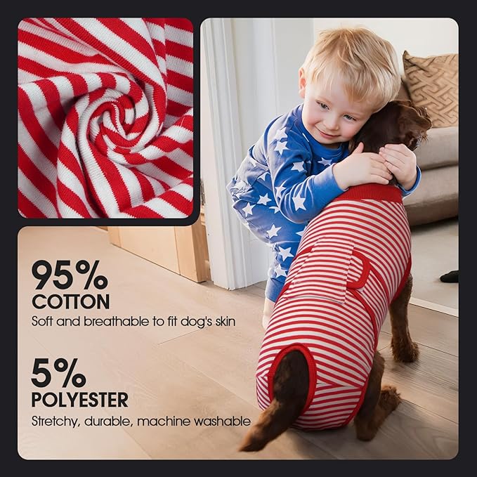 FUAMEY Dog Recovery Suit Male,Dogs Surgery Neuter Suits Puppy Spay Shirts for Female Protect Dog's Skin Anti Licking Abdominal Wounds Doggie Onesie Pet Bodysuit Alternative to Cone Red Stripes M