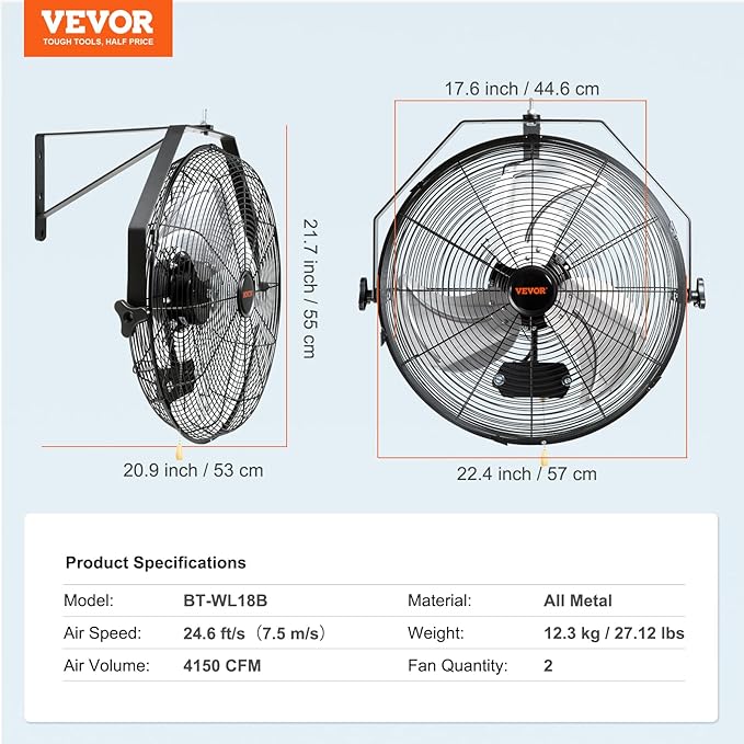 VEVOR Wall Mount Fan, 2 PCS 18 inch Waterproof, 3-speed High Velocity Max. 4000 CFM Industrial Wall Fan for Indoor, Commercial, Residential, Warehouse, Greenhouse, Workshop, Basement, Garage,Black