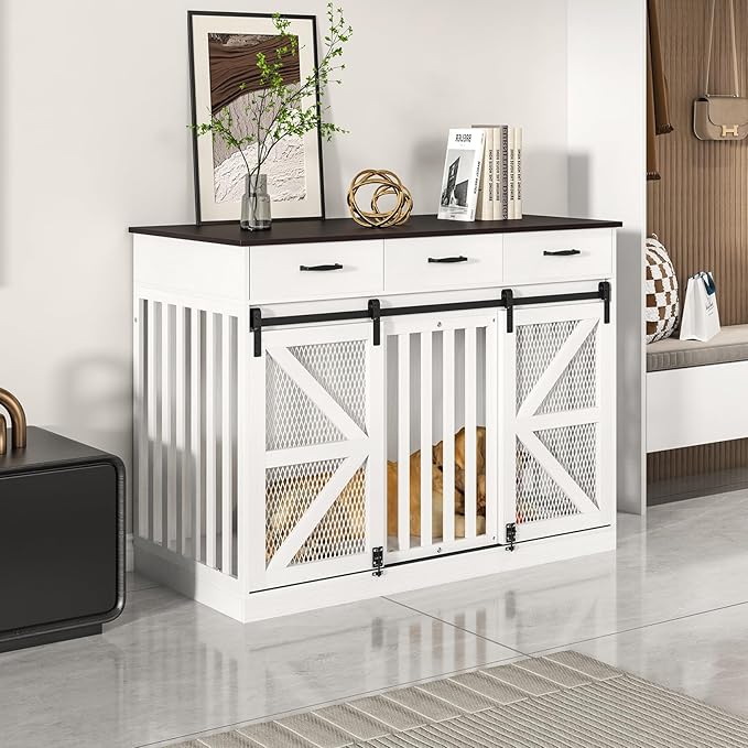 48'' Dog Crate Furniture with Divider&Storage Drawers, Wooden Double Dog Kennel Furniture End Table with Sliding Barn Doors, White Double Dog Crate TV Stand