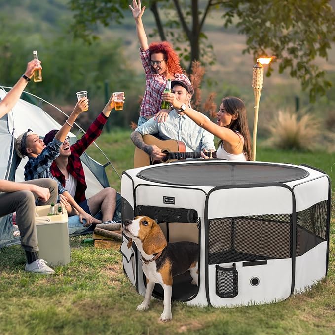PETSFIT 29" Puppy Playpen with Removable Waterproof Mat & Zippered Roof | RV, Camping, Travel Dog Pen | Indoor/Outdoor Whelping & Cat Observation Space(29.5"x29.5"x16.5"H)