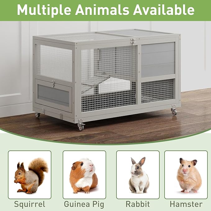 COZIWOW Wooden 36Inches Rabbit Hutch Outdoor with Wheels Bunny Cage Indoor Rabbit Cage with Clean Tray, Openable Roof, Anti-Slip Ramp for Small Bunny (Grey with Pattern)