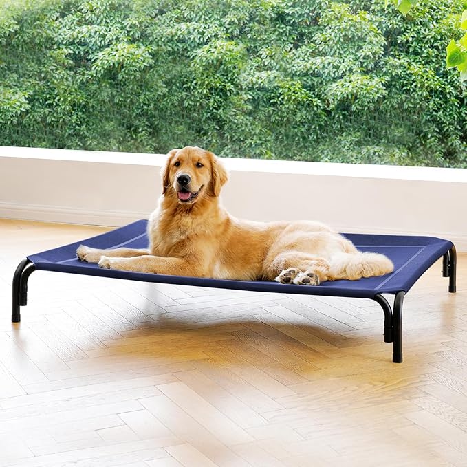 Elevated Dog Bed Raised Outdoor Dog Cot for Extra Large Dogs, Installation Requires No Tools, Frame with Washable Cooling Breathable Mesh Anti-Slip Feet, Indoor Pet Bed, Blue, 48.8 Inches