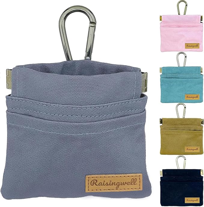 Dog Treat Pouch, Small Cotton Pocket Sized Training Holder, Hand Free Walking Fanny Bag with Carabiner, Self-Closing Pet Feed Snack Reward, Behavior Aids for Puppy Travel or Outdoor (Grey)
