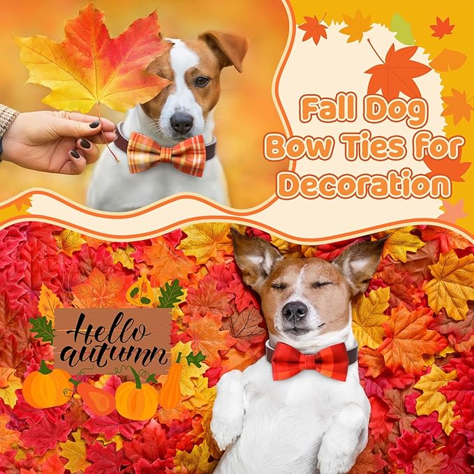 Hillban 50 Pcs Fall Collar Dogs Bow Ties Autumn Plaid Dogs Collar Accessories for Pets Bow Ties Attachment with Elastic Bands Detachable Charms for Doggie Fall Autumn Costume