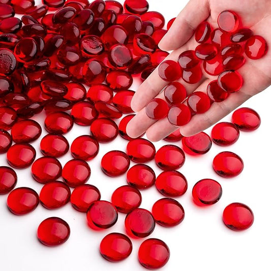 1LB Red Glass Marbles, Transparent and Smooth Flat Glass Beads for Vases, Mosaic Gem Pebbles for Aquarium Decor, Floral Arrangements, Mancala Stones, Vase Filler and Crafts (Approx. 80-100 PCS)