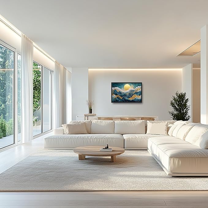 Framed Large Sun Mountain Wall Art, Oversized Teal and Golden Sun Wall Decor for Living Room, Abstract Landscape Canvas Painting Modern Artwork Home Decoration for Living Room Bedroom 36"x24"