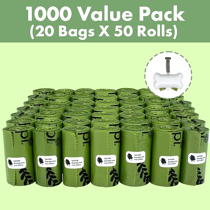 GORILLA SUPPLY Dog Poop Waste Bags with Dispenser and Leash Tie, 9" x 13", Green, 1000 Count