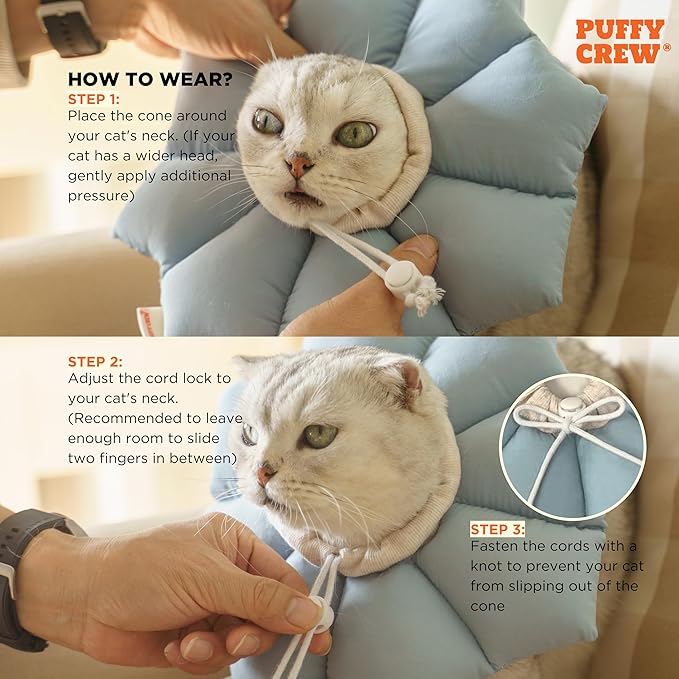 Puffy Crew Soft Cat Cone Collar, Adjustable Waterproof Recovery Collar, Lightweight Elizabethan e Collar for Cats of All Breeds (Blue, Large, Neck Circumference 7.8'' - 12.5'')