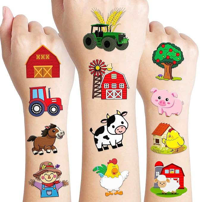 72 PCS Farm Barnyard Animal Pre-Cut Temporary Tattoos Sticker Birthday Decorations Party Supplies Favors Gift Boy Girl Farmhouse Cow Chicken Tattoo School Reward Themed (Normal)