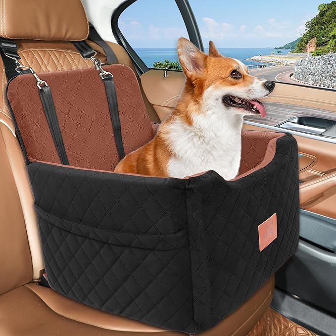 Dog Car Seat for Small/Medium Dogs Under 35lbs,Memory Foam Dog Booster Seats,Detachable and Washable Traval Pet Car Seat, Dogs Bed with 2 Safety Belts(Balck/Brown)