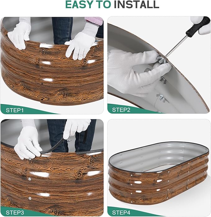 Galvanized Raised Garden Bed Outdoor - 4×2×1ft Planter Raised Beds for Gardening | Oval Metal Garden Planter Box with Safety Edging and Gloves for Vegetables Fruits and Flowers - Grain