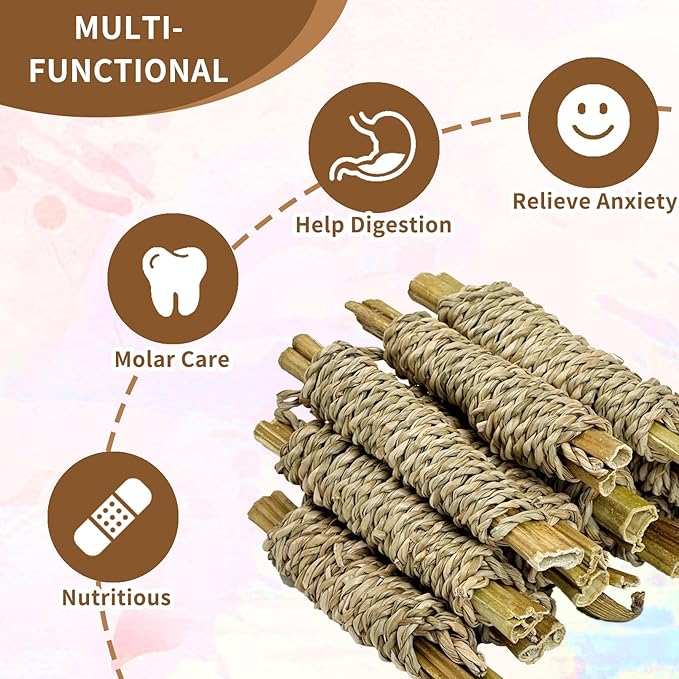 Fhiny 12 PCS Rabbit Chew Sticks, Natural Papaya Wood Seagrass Guinea Pig Chew Toys for Teeth Small Animal Molar Sticks Snacks for Bunny Guinea Pig Chinchilla Ferret Hamster Gerbil Dental Care