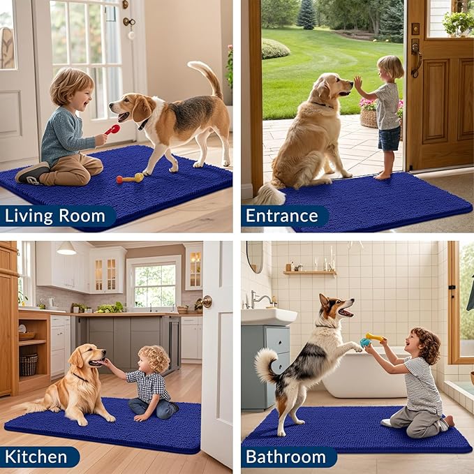 Smiry Dog Door Mat for Muddy Paws 59x24, Absorbs Moisture and Dirt Doormat, Non-Slip Washable Quick Dry Chenille Front Door Mat Indoor Entrance, Entryway Carpet for Inside Floor, Navy Blue