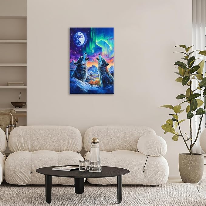 Wolf Wall Art Wolves Canvas Wall Decor Prints Framed Painting Aurora Pictures Gifts Artwork for Bathroom Bedroom Living Dining 16"x24"