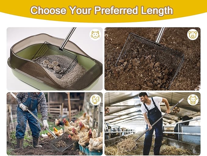 Large Metal Chicken Poop Scooper, Detachable 20 to 63 inches Long Metal Handle, Stainless Steel Chicken Coop Cleaning Tool, Heavy-Duty Pooper Sifting Shovel for Chicken Coop Accessories