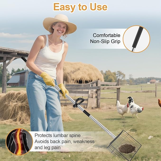 15" Chicken Poop Scooper & Rake, Metal Chicken Coop Scoop for Poop with 24 to 68" Adjustable Stainless Steel Handle, Litter Scooper Sifting Shovel Chicken Coop Accessories