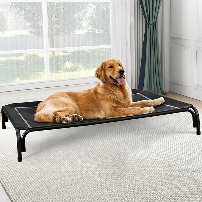 Elevated Dog Bed, Raised Outdoor Dog Bed for Large Sized Dog, Portable Cooling Pet Cot with Breathable & Washable Mesh, Indoor & Outdoor Pet Hammock with Skid-Resistant Feet.