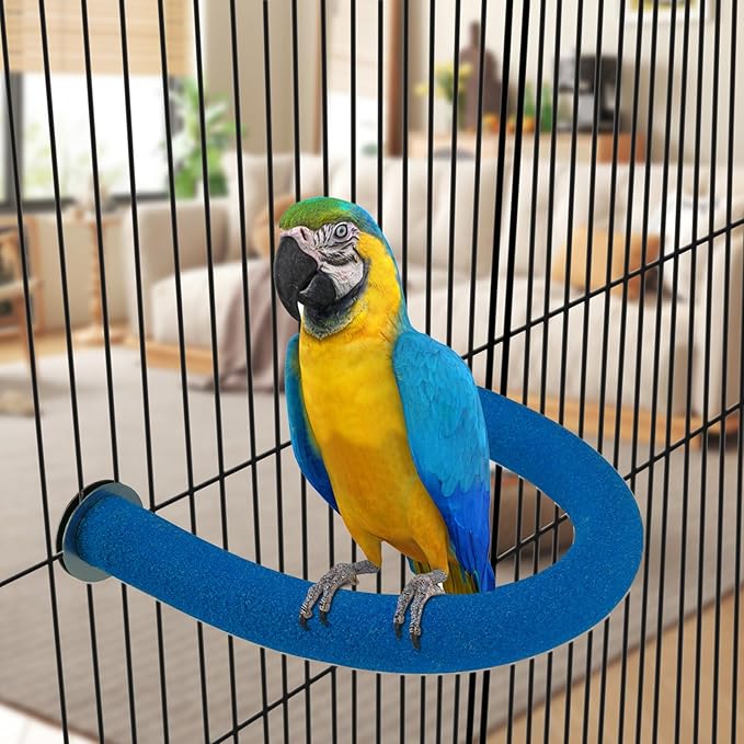 Rypet U Shape Parrot Perch Stand Toy for Paw Grinding Clean Stick Exercise, Rough-Surfaced Quartz Bird Perch Standing Cage Accessories for for Small Parakeets Cockatiels Conures Macaws Finches(Blue)