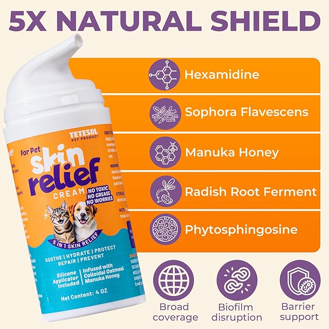 Dog Skin Soother - Dry Itchy Skin Relief & Hot Spots Soothing Cream for Dogs&Cats - Healing Ointment with Colloidal Oatmeal&Manuka Honey - Canine Conditioner Moisturizer with Applicator- 100g