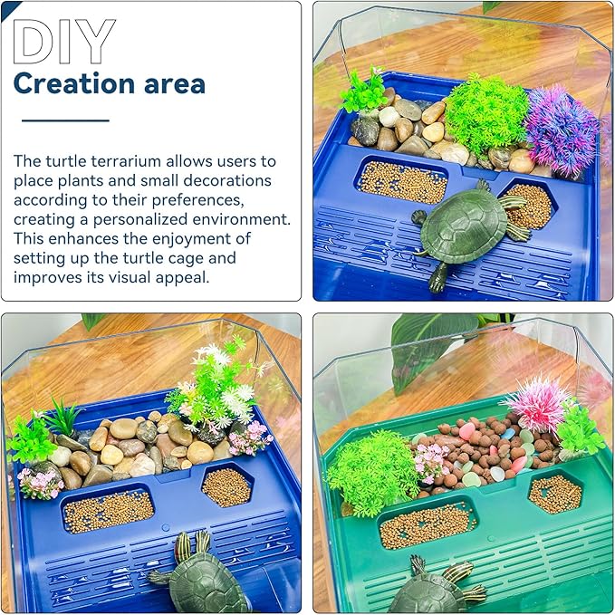 Aquatic Turtle Tank Habitat Kit Stone+Filter+Heat Lamp Enhancing Interaction with 360° Viewing, Standalone Filtration, DIY Creative Zone, Enriched Living (Green, Medium[with Light])