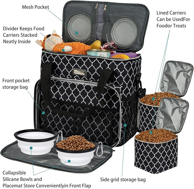 BAGLHER Dog Travel Bag, Pet Travel Bag (ALL Pet Travel Supplies), With 2 Pet Food Containers and 2 Collapsible Silicone Bowls; Essential Kits for Pet Travel DLblack