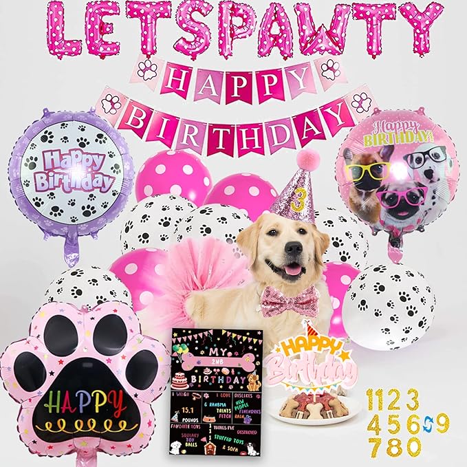 Dog Party Supplies Decorations - Cute Bandana, Let's Pawty Banner, Cake Topper, Hat, Pink Bowtie, Tutu Skirt, Paw Balloon for Birthday Celebration
