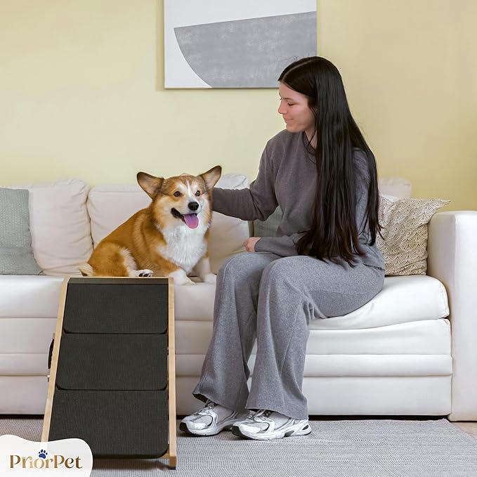 Dog Steps for Bed & Couch 2-in-1 Dog Stairs/Ramp - Height Adjustable Dog Ramp for Couch 7” - 20” - Pet Stairs, Dog Stairs for Small Dogs - Easy to Move Pet Steps with Landing Platform, Natural