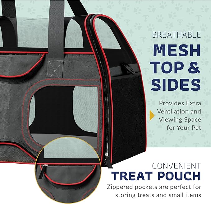Katziela Pet Carrier - Airline Compliant - TSA Approved Pet Carrier for Small Dogs and Cats - Soft FAA Travel Airplane Dog Carrier Luggage (Black/Red)