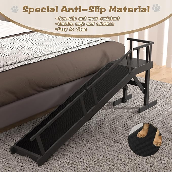 61" Dog Ramp for Bed, Pet Ramp with Removable Side Rail and Non-Slip Surface, Pet Ramp for Small & Large & Senior Dogs with Rest Platform and DIY Glow Strips,Dog Stairs for Couch,Black