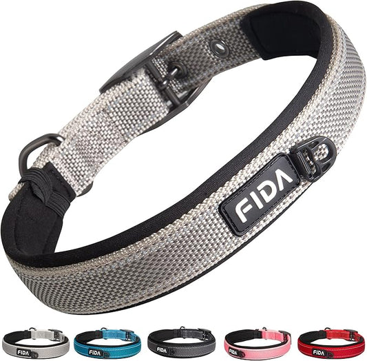 Fida Heavy Duty Dog Collar, Ultra Comfortable Soft Neoprene Padded, Adjustable Reflective Nylon Pet Collar with Durable Metal Belt Buckle for Small Breeds (S, Grey)