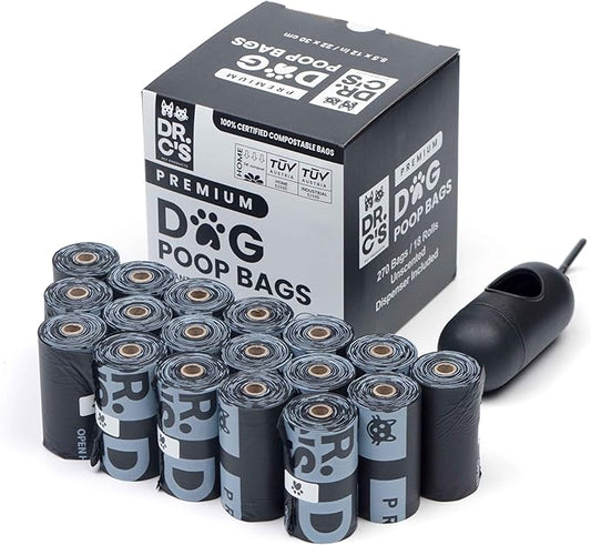 100% Certified Compostable Dog Poop Bags - Dr. C's Premium Dog Poop Bags - 270 Bags / 18 Rolls, Extra thick, Leak Proof, Unscented, Plant Based and Earth Friendly, Dispenser Included
