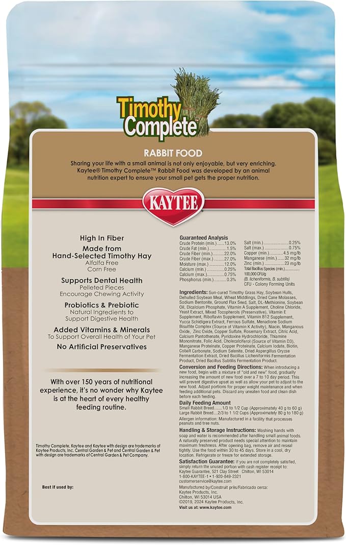 Kaytee Timothy Complete Rabbit Food, Made with Timothy Hay, High in Fiber, Supports Dental Health and Digestion, 4.5 pounds