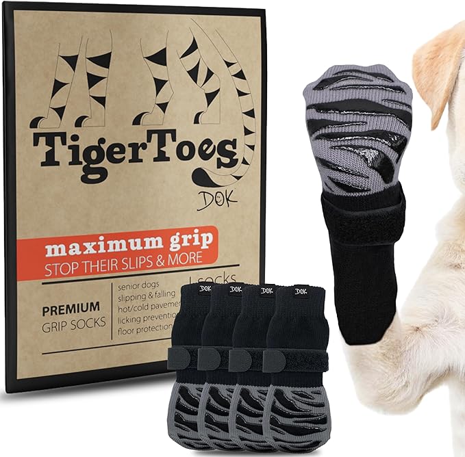 DOK TigerToes Premium Non-Slip Dog Socks for Hardwood Floors - Extra-Thick Grip That Works Even When Twisted - Prevents Licking, Slipping, and Great for Dog Paw Protection (X-Small)