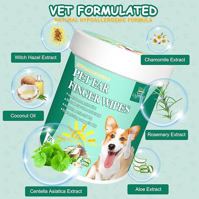 60 ct Pet Ear Finger Wipes for Dogs - Extra-Coverage and Large Design with Coconut Oil and Aloe Vera, Relieve Ear Itching and Inflammation, Remove Ear Wax and Debris, Soothing Cleansing Deodorizing