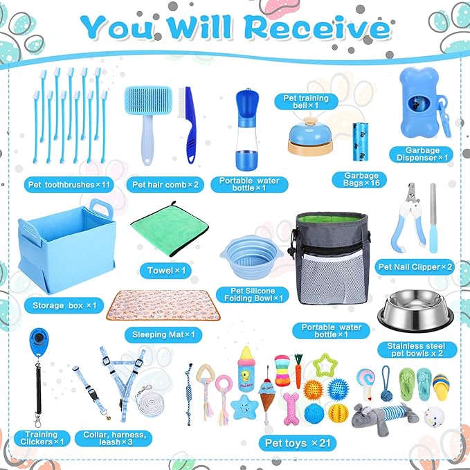 65 Pcs Puppy Supplies Starter Kit Small Dog Essentials Includes Dog Leash, Toys, Bowl, Brushes, Water Bottles, pet Blankets Puppy Accessories for New Welcome Gift Supplies(Cool,Blue)