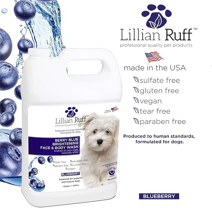 Lillian Ruff PRO Formula Berry Blue Brightening Pet Shampoo - Ultra-Hydrating Professional Whitening Dog Shampoo, Vivid Show-Quality Coat Enhancer, Tear Stain & Odor Eliminator - Vitamin B5 (Gallon)