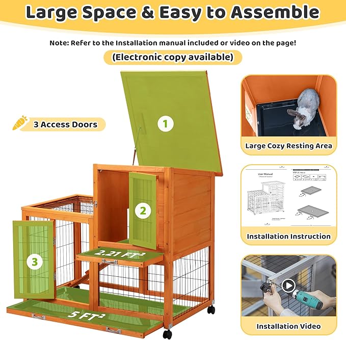 Indoor Rabbit Hutch Outdoor Bunny Hutch with Wheels, 2 Pull-Out Trays, Waterproof Openable Roof, 39" L Large 2-Level Wooden Rabbit Cage Small Animal Enclosure, Orange
